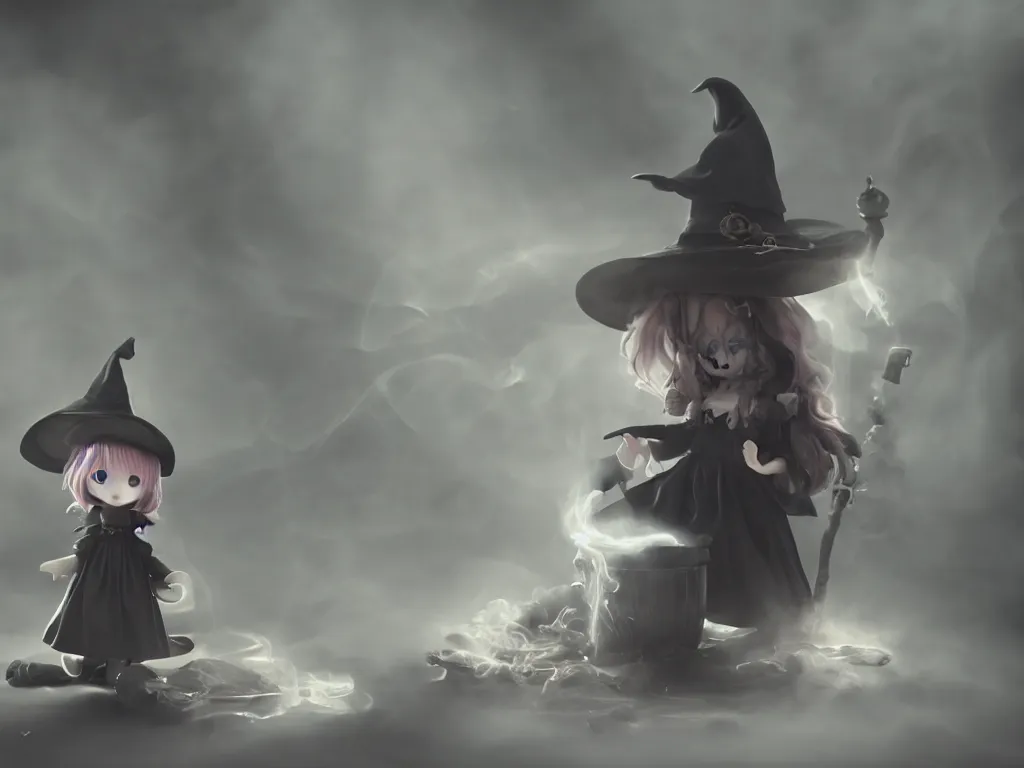 Image similar to cute fumo plush girl witch stirring a cauldron swirling with strange energy, ominous cauldron of glowing potion, eldritch tattered gothic horror maiden, smoke and volumetric fog, witch girl, soothsayer, lens flare glow, vray