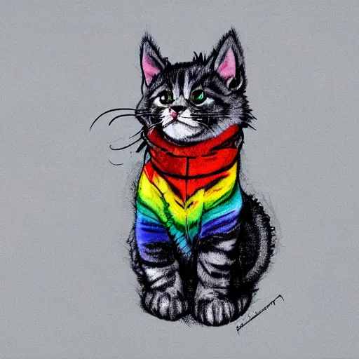 Image similar to wide angle full body, of a fluffy cute rainbow kitten wearing a black leather motorcycle jacket, concept art