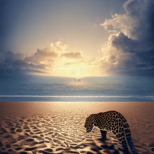 Image similar to a beach with with shells and a leopard walking there, highly-detailed, dramatic lighting, artstation, 4k, cinematic landscape, photograph by Keanu Reeves