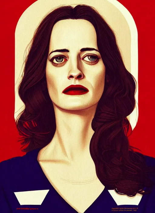 Image similar to twin peaks movie poster art, portrait of eva green, from scene from twin peaks, clean, simple illustration, nostalgic, domestic, highly detailed, digital painting, artstation, concept art, smooth, sharp focus, illustration, artgerm, donato giancola, joseph christian leyendecker, wlop