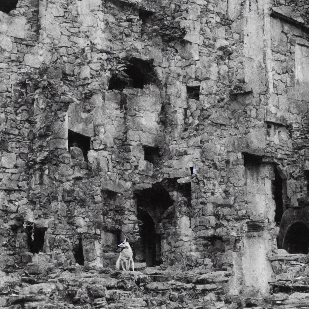 Image similar to anthropomorphic fox explores ancestral ruins, 1 9 3 0 s film still