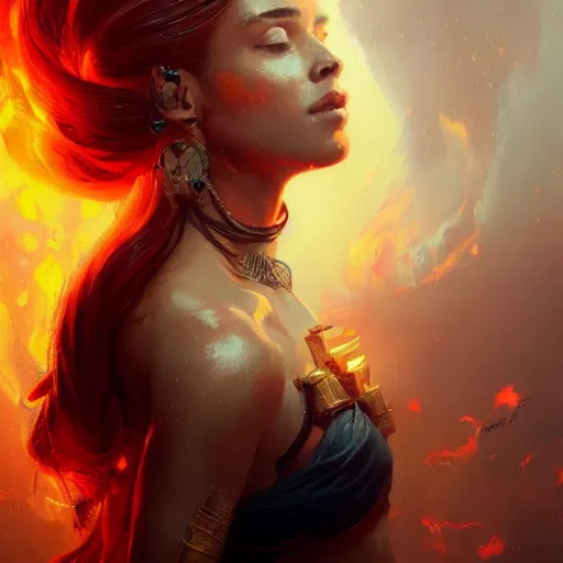 Image similar to a beautiful portrait of a fire goddess by greg rutkowski and raymond swanland, trending on artstation, flaming background, ultra realistic digital art