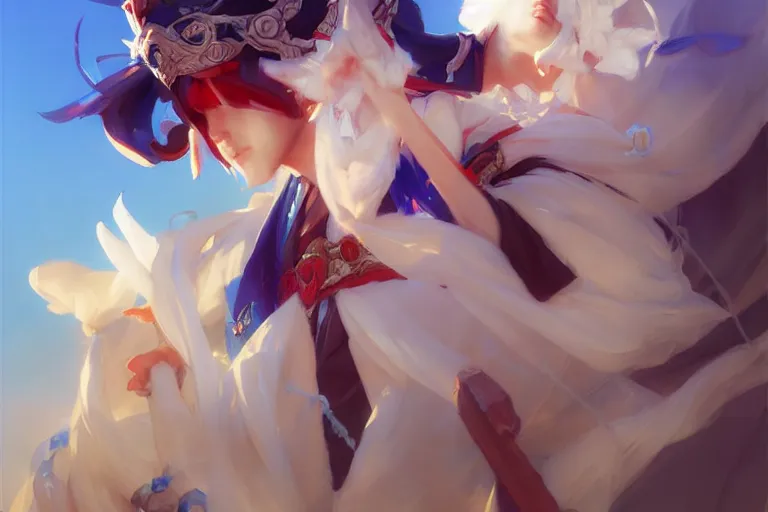 Prompt: onmyoji, onmyoji detailed art, artstation, vibrant colors and hard shadows and strong rim light, light blue sky, cool white color temperature, painting by gaston bussiere and craig mullins, art by wlop, league of legends artstation