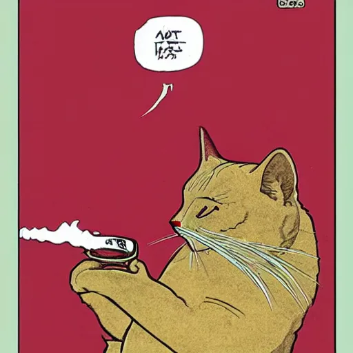 Image similar to a cat smoking a cigar, by moebius
