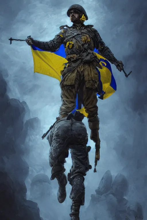 Prompt: a distant shot of a Ukrainian Battlefield 5 soldier with blue and yellow flag standing alone on a huge pile of skulls as a winner, masculine figure, D&D, fantasy, intricate, elegant, highly detailed, extremely detailed, digital painting, artstation, concept art, matte, sharp focus, symmetrical, illustration, art by Artgerm and Greg Rutkowski and Alphonse Mucha