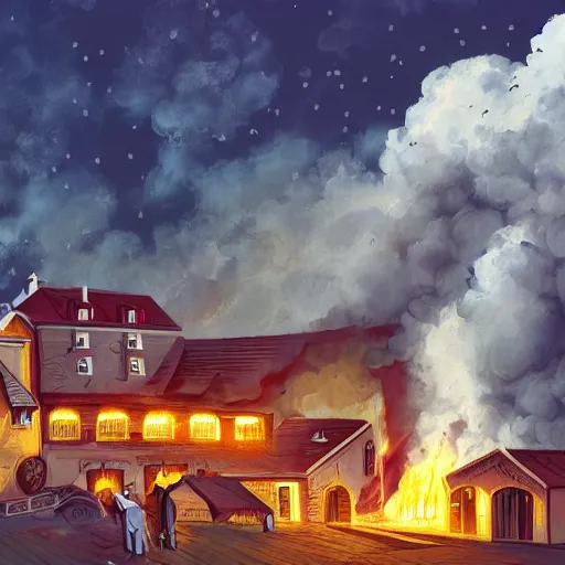 Image similar to french cheese factory on fire, illustration, beautiful, 8 k