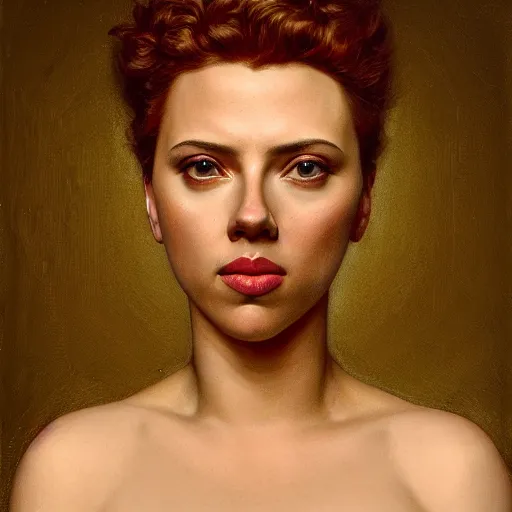 Image similar to highly detailed oil painting | very intricate | cinematic lighting | award - winning | portrait of scarlett johansson | by roberto ferri, by tom bagshaw, by j. c. leyendecker and klimt, american romanticism, by austin osman spare, artstation, cgsociety, official art, octane