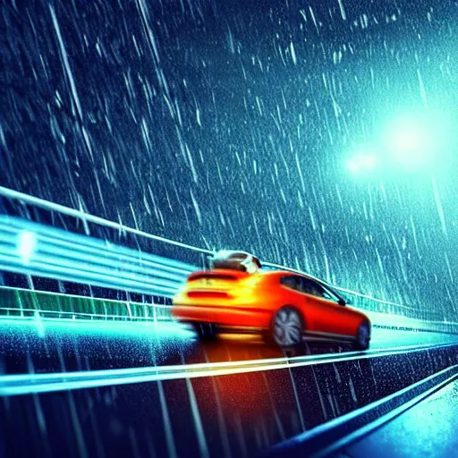 Prompt: realistic futuristic time machine at night in the rain flying over the highway