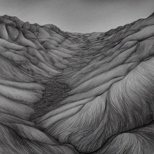 Image similar to hills of dreams, black and white, artstation, pencil illustration