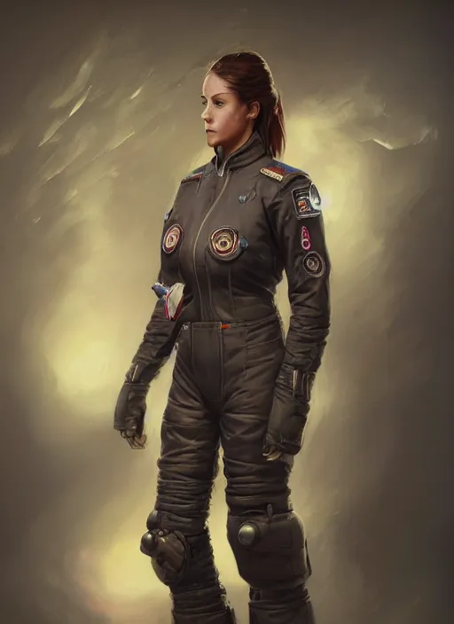 Image similar to full body concept art airbrushed painting of a female pilot, airbrushed painting, stunning, featured on artstation, cinematic lighting, hyperdetailed, cgsociety, 8k, dramatic, dark atmosphere, alluring