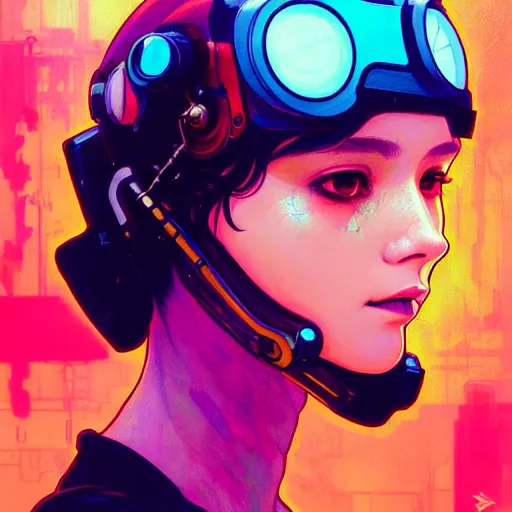 Prompt: a beautiful painting of a cyberpunk girl with a helmet by sachin teng and pascal blanche and heng z and alphonse mucha! and ruan jia! and josan gonzalez!. in style of conceptual art. colorful comic, film noirs, akira, brush stroke, vibrating colors, hyper detailed. octane render. trending on artstation