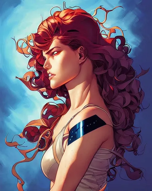 Image similar to artgerm, joshua middleton and sandra chevrier comic cover art, full body pretty female paladin, symmetrical eyes, long curly hair, beautiful, rim lighting, vivid colors