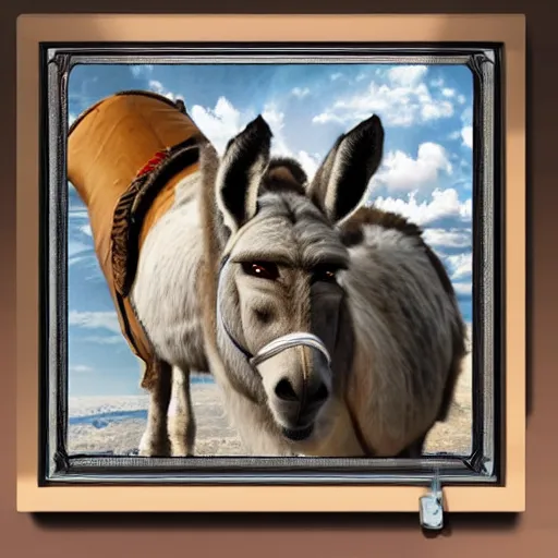 Image similar to donkey sitting on benjamin netanyahu picture, photorealistic, detailed, photograph