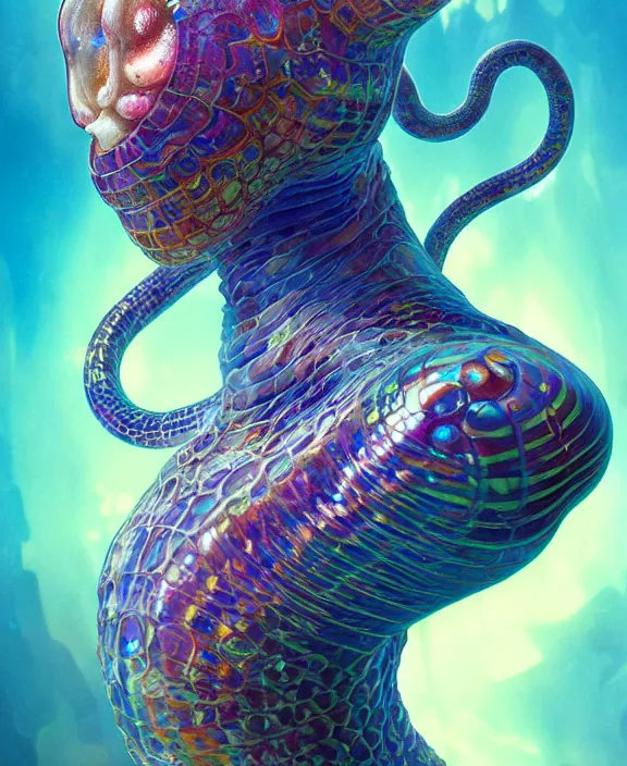 Image similar to intricate colorful transparent portrait of a disturbing beautiful alien snake creature, mottled coloring, adorable, childlike, underwater environment, ultra realistic, concept art, art nouveau, photorealistic, octane render, 8 k, unreal engine. art by christopher marley and artgerm and greg rutkowski and alphonse mucha
