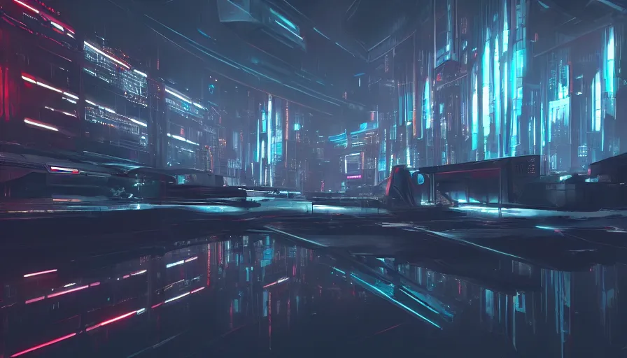 Image similar to concept art of a futuristic dark cyberpunk distopia with reflections, rendering in octane and redshift