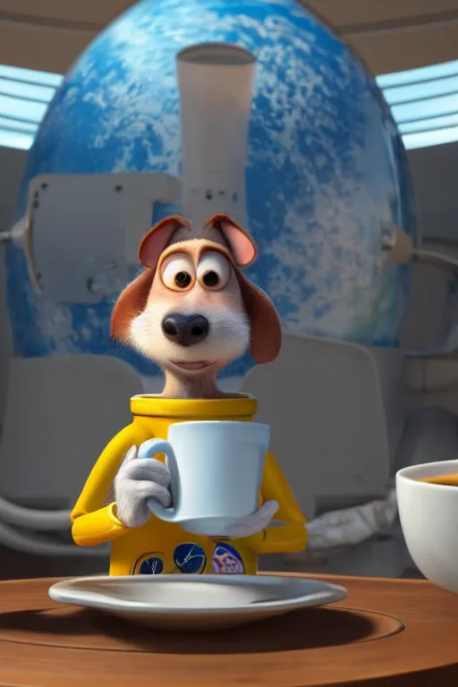 Prompt: portrait of a astronaut dog holding a little cup of coffee with the space in background, full body. pixar disney 4 k 3 d render funny animation movie oscar winning trending on artstation and behance, ratatouille style