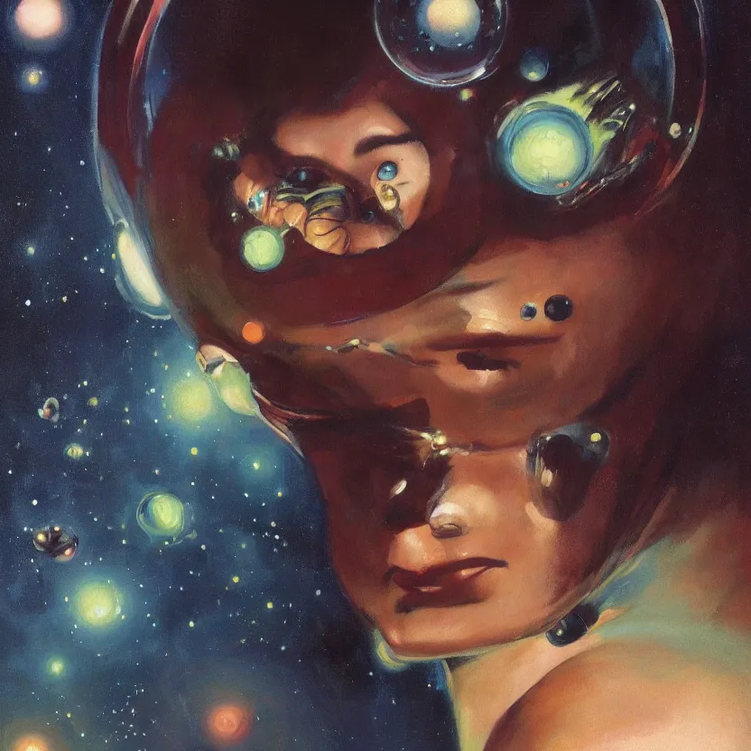 Prompt: close - up portrait painting of a beautiful weightless alien woman with big eyes in space, by frank frazetta and norman rockwell. glowing bubbles. muted colors, soft gradients. dark background. trending on artstation. retrofuturism.