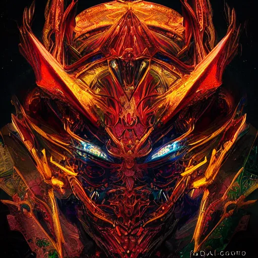 Image similar to portrait of a demonic dragon, celestial. intricate abstract. cyberpunk, vhs glitch. glorious cosmic helmet. intricate artwork. immaculate. holy. empty oxygen tank. by wlop, Antoine Collignon, dan mumford. octane render, CGSociety, dan witz very coherent symmetrical artwork. cinematic, hyper realism, high detail, octane render, 8k, iridescent accents, deep color