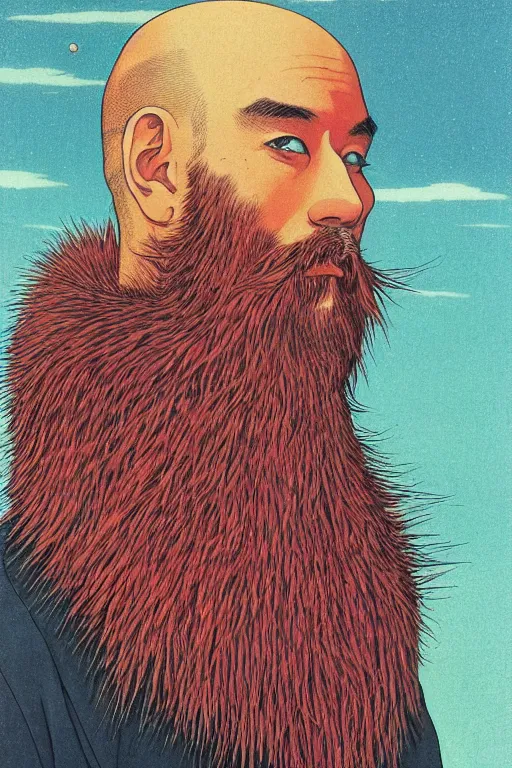 Image similar to a colorful closeup portrait of a young bald man with a very long wild beard dreaming psychedelic hallucinations in the vast icy landscape of antarctica, by kawase hasui, moebius and edward hopper, colorful flat surreal design, hd, 8 k, artstation