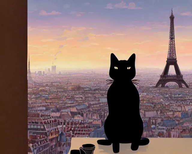 Image similar to a black cat sitting on the top of a building overlooking a French city, Eiffel Tower in the background. Atmospheric lighting, warm lighting, wide shot, sunset. By Makoto Shinkai, Stanley Artgerm Lau, WLOP, Rossdraws, James Jean, Andrei Riabovitchev, Marc Simonetti, krenz cushart, Sakimichan, trending on ArtStation, digital art.