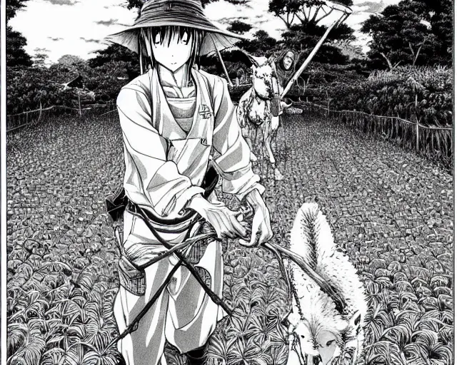 Prompt: Highly detailed and intricate ink drawing of an anime farmer tending to his crops with a pack animal || VERY VERY ANIME!!!, fine-face, realistic shaded perfect face, fine details. Anime. realistic shaded lighting poster by katsuhiro otomo, ghost-in-the-shell, ayami kojima