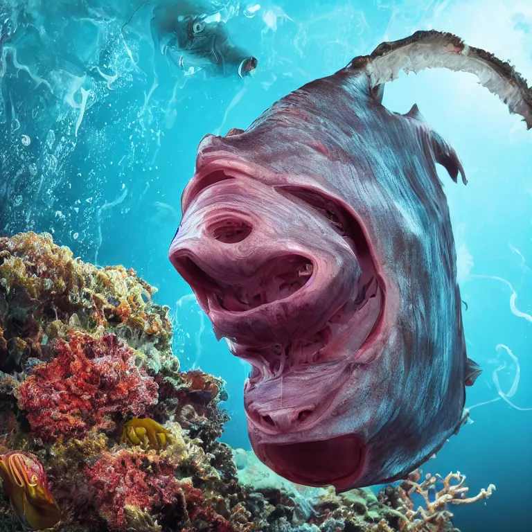 Image similar to Realistic Studio Photograph of a deep sea anglerfish deep underwater, award-winning nature deep sea photography hyperrealism 8k