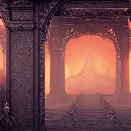 Prompt: Mystical Ornate Tibetan Archway To The Glade of Forgotten Fears, Concept Art, Artstation, Epic Atmosphere, Anamorphic Lens, Cinematic Lighting