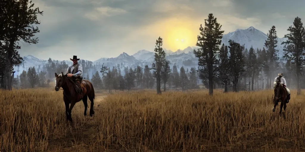 Image similar to still of a man riding a horse into an old west town surrounded by farmland and woods, snow capped mountains in the background, red dead redemption, 4 k, realistic, very beautiful, digital art, elegant, highly detailed