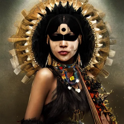 Image similar to the portrait, masked beautiful black aztec female violinist, exotic costumes, gold jewelry, black hair ， illustration by wenjun lin, irakli nadar, bright colors, octopath traveler, wenjun lin, unreal engine 5 highly rendered, global illumination, radiant light, detailed and intricate environment