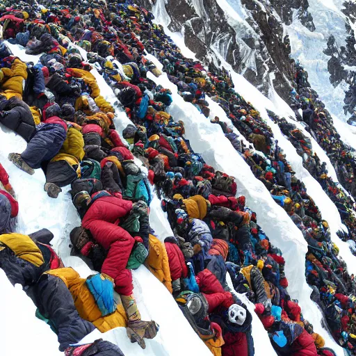 Image similar to humans stacked as high as mount everest