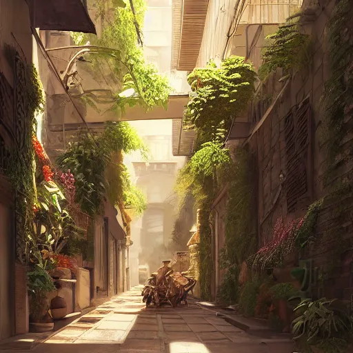 Prompt: a painting of a bronze art-deco alley lined with plants, a detailed matte painting by Anka Zhuravleva, cgsociety, light and space, rendered in unreal engine, artstation hq, artstation hd