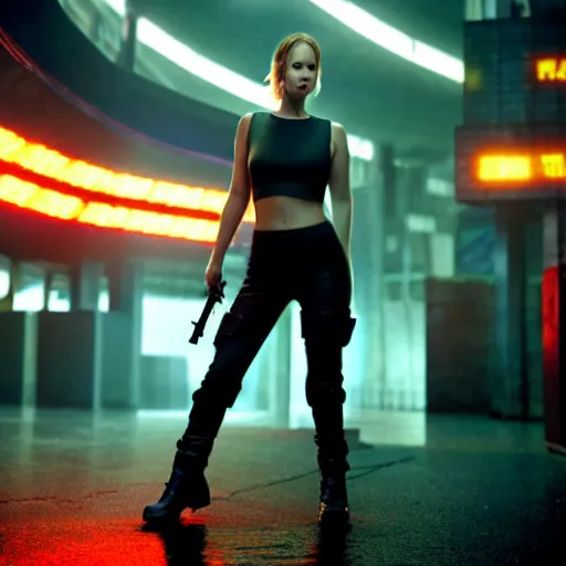 Prompt: jennifer lawrence in a cyberpunk movie in a distopic futuristic city in the style of bladerunner, wearing a cropped black tank top, sexy black shorts and black boots, firing a gun, muzzle flash, movie still, highly detailed, rainy night, volumetric lights, studio lighting, dramatic, scifi, sharp focus