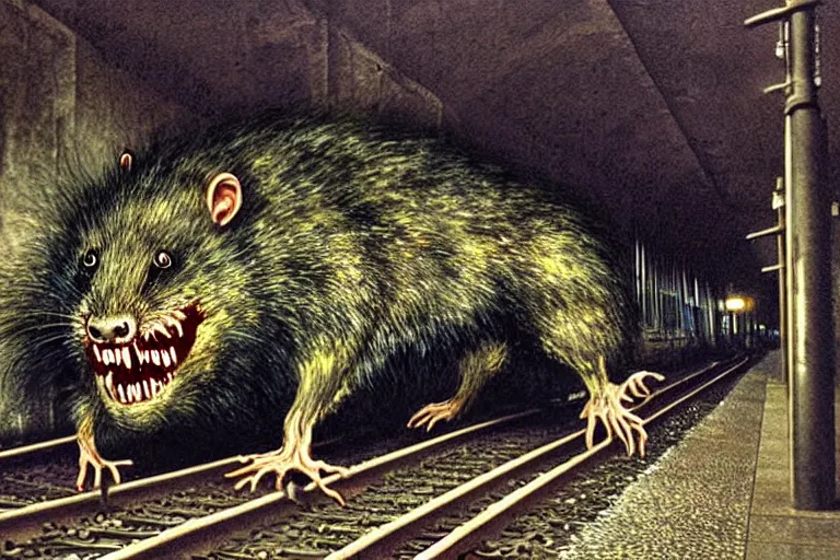 Prompt: very large giant mutant zombie irradiated ( angry rat ) staying on railways in tonnel of moscow subway. tonnel, railways, giant angry rat, furr, fangs, very realistic. extreme long shot, rusty colors, ( herman nitsch, giger )