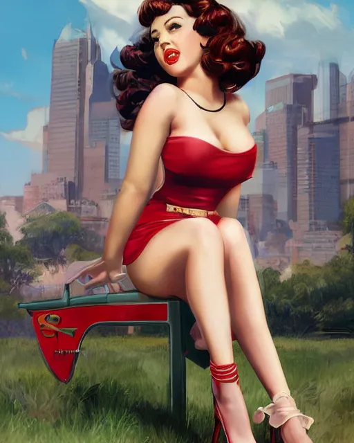 Image similar to Pop idol full body pin up modeling in pop-idol unioform, with a park in the back ground, post war style, detailed face, american postcard art style, by Krenz Cushart and Randolph Stanley Hewton and Charlie Bowater