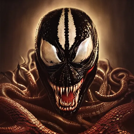 Image similar to portrait of venom, intricate artwork, concept art, octane render, deviantart, cinematic, key art, hyperrealism, iridescent accents, portrait photograph, nikon 3 5 mm, photograph by greg rutkowski