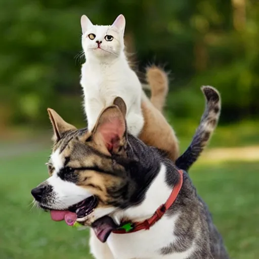 Image similar to cat riding a dog into battle, photography