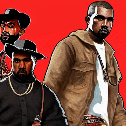 Image similar to kanye west in stephen bliss illustration red dead redemption 2 artwork of kanye west, in the style of red dead redemption 2 loading screen, by stephen bliss, artstation