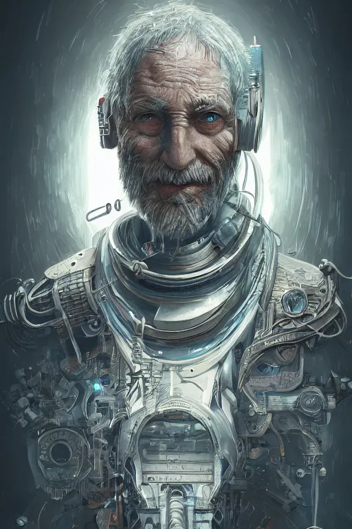 Image similar to ultrarealistic illustration old man cyborg, cyberpunk, sci - fi fantasy, intricate, elegant, highly detailed, digital painting, artstation, concept art