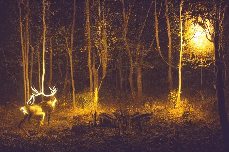 Prompt: a creepy dark forest illuminated by a glowing stag, night