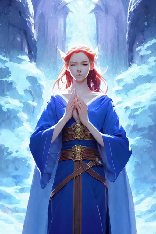 Image similar to elf female sorcerer doing water magic spells, blue robes, red hair, finely detailed perfect face, exquisite details, mid view, design on a white background, by studio muti, greg rutkowski makoto shinkai takashi takeuchi studio ghibli