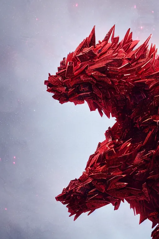 Image similar to A fancy portrait of a red crystalized beast by Greg Rutkowski, beeple, Sung Choi, Mitchell Mohrhauser, Maciej Kuciara, Johnson Ting, Maxim Verehin, Peter Konig, final fantasy, macro lens, 35mm, 8k photorealistic, cinematic lighting, HD, high details, dramatic, dark atmosphere, trending on artstation