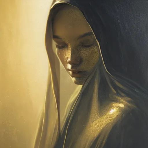 Image similar to a portrait of a young woman wearing a long dark cloak, hood and shadows covering face, holding golden chains, oil painting, matte painting, black background, Volumetric Golden dappled dynamic lighting, Highly Detailed, Cinematic Lighting, Unreal Engine, 8k, HD, by Beksinski