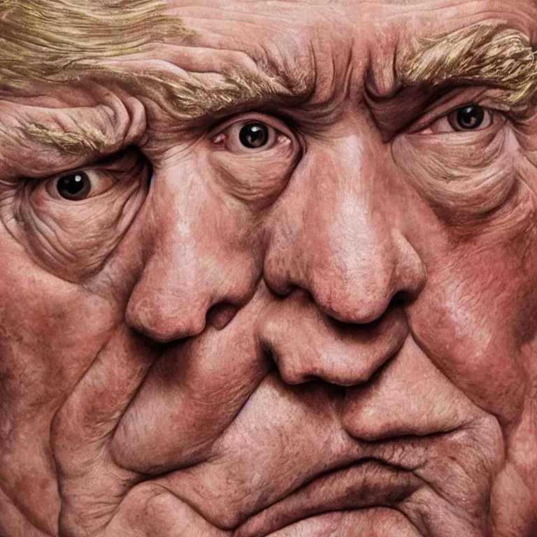 Image similar to hyperrealistic close up studio portrait of aging old Donald Trump age 98 wrinkled miserable, oil painting by Ivan Albright and Lucian Freud and Ron Mueck, trending on artstation Studio lighting hyperrealism