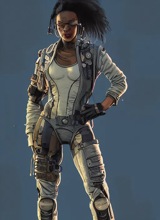 Image similar to sonya igwe. cyberpunk mercenary in tactical harness and jumpsuit. dystopian. portrait by stonehouse and mœbius and will eisner and gil elvgren and pixar. realistic proportions. cyberpunk 2 0 7 7, apex, blade runner 2 0 4 9 concept art. cel shading. attractive face. thick lines. moody industrial setting.