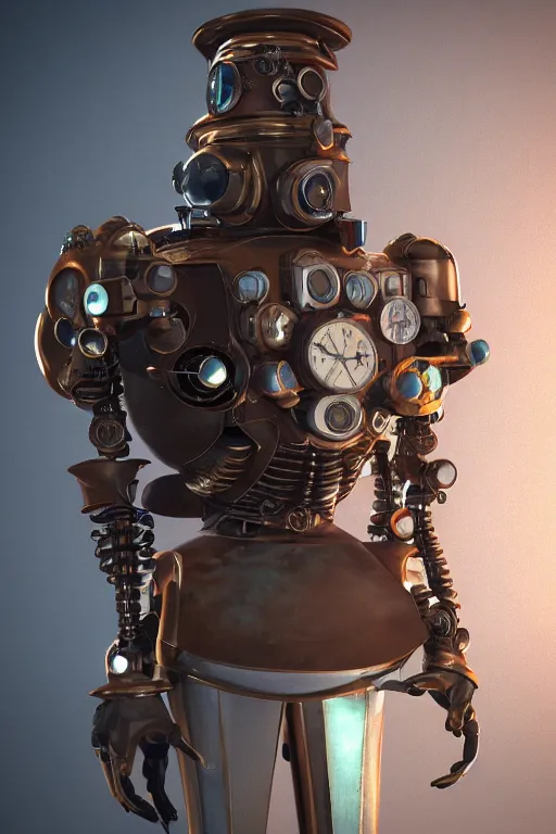 Prompt: a steampunk robot wearing a formal overcoat, portait photo profile picture, hyperrealistic concept art, octane render, unreal engine 5, digital art hi