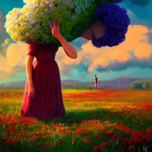 Image similar to girl with giant flower for a face, surreal photography, dream, dress made from the flower field she walks through, hills, big trees, sunrise dramatic light, impressionist painting, colorful clouds, digital painting, pointillism, artstation, simon stalenhag