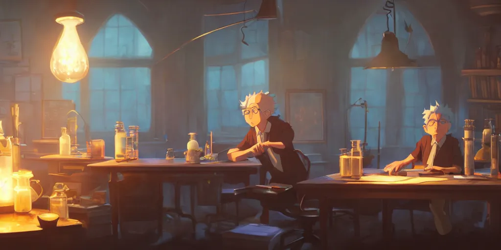 Image similar to a wizard with brown hair is standing at his desk working with jars of liquids, beakers of bubbling potions, coherent, medium shot, waist up, studio ghibli, pixar and disney animation, sharp, rendered in unreal engine 5, anime key art by greg rutkowski, bloom, dramatic lighting