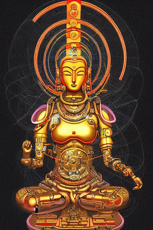 Prompt: cyberpunk cyborg tibetan multi armed bodhisattva, golden ratio, sharp linework, clean strokes, sharp edges, flat colors, cell shaded by moebius, Jean Giraud, trending on artstation