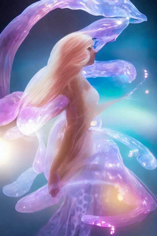 Prompt: a photorealistic full body portrait of a woman wearing a translucent jelly fish dress in space, dynamic lighting, hyper realistic, cinematic, blur, stunning, ray tracing