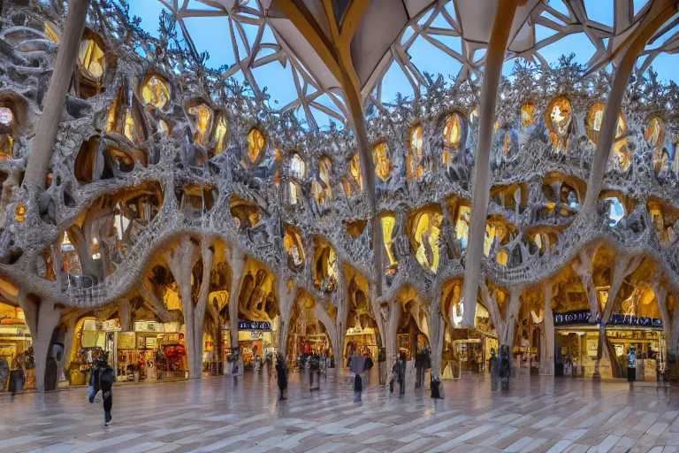 Prompt: A shopping mall, designed by Gaudí, inspired on La Sagrada Familia, gothic, photorealistic, concept 4k, highly detailed, hyper realistic